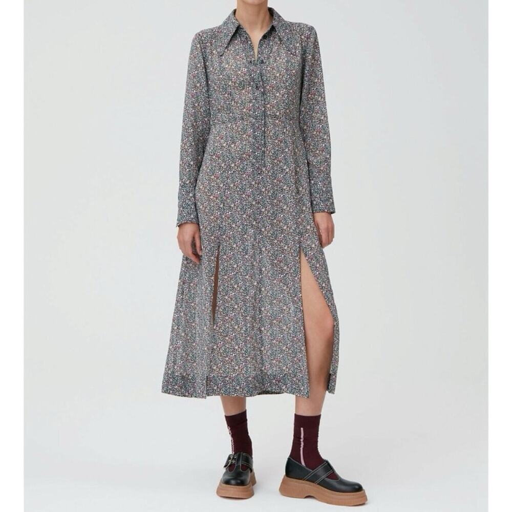 GANNI Floral Midi Shirt Dress Long Sleeves Button Front Side Slits Size 36 Small - Picture 13 of 14